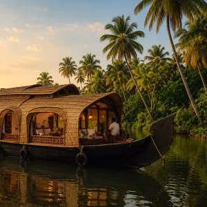 Exclusive private 2-Bedroom Luxury AC Houseboat cruising the backwaters for FP-04 family tour.